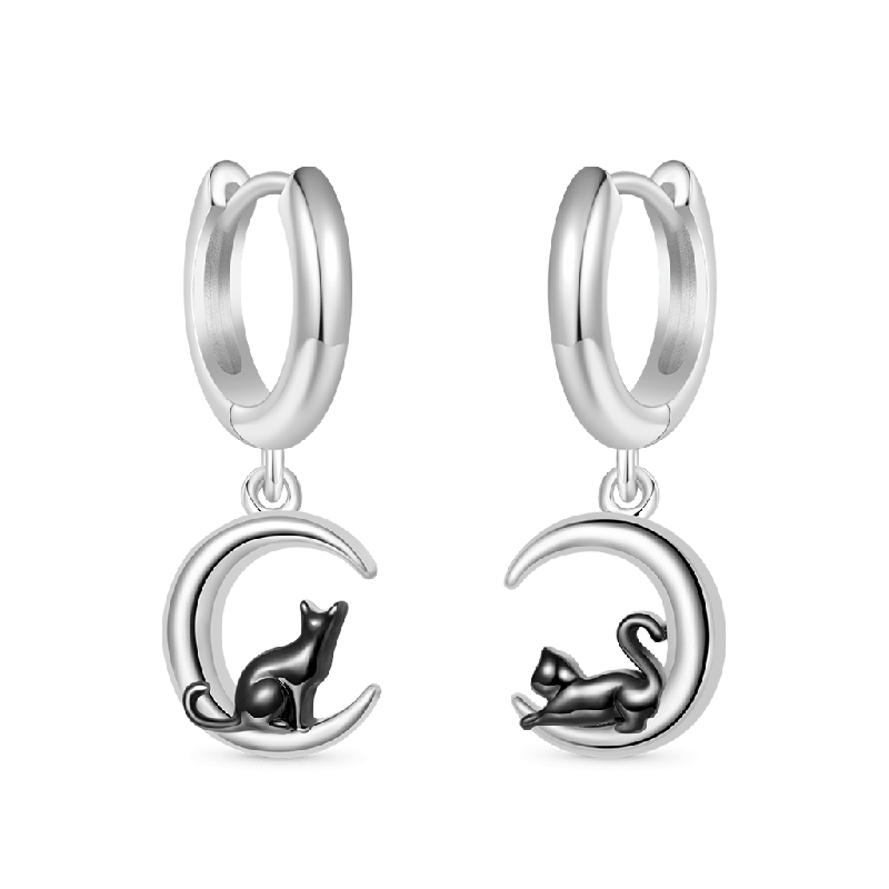 Black Cat Moon Hoop Earrings