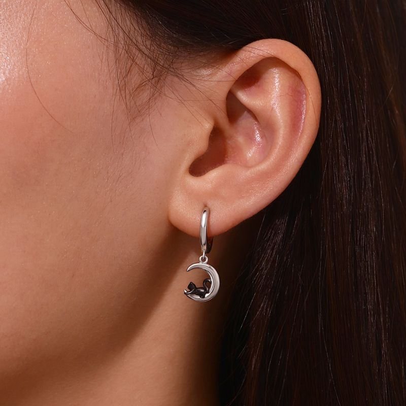 Black Cat Moon Hoop Earrings