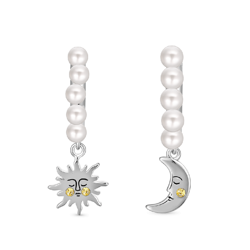 Sun & Moon Face Pearl Hoop Earrings