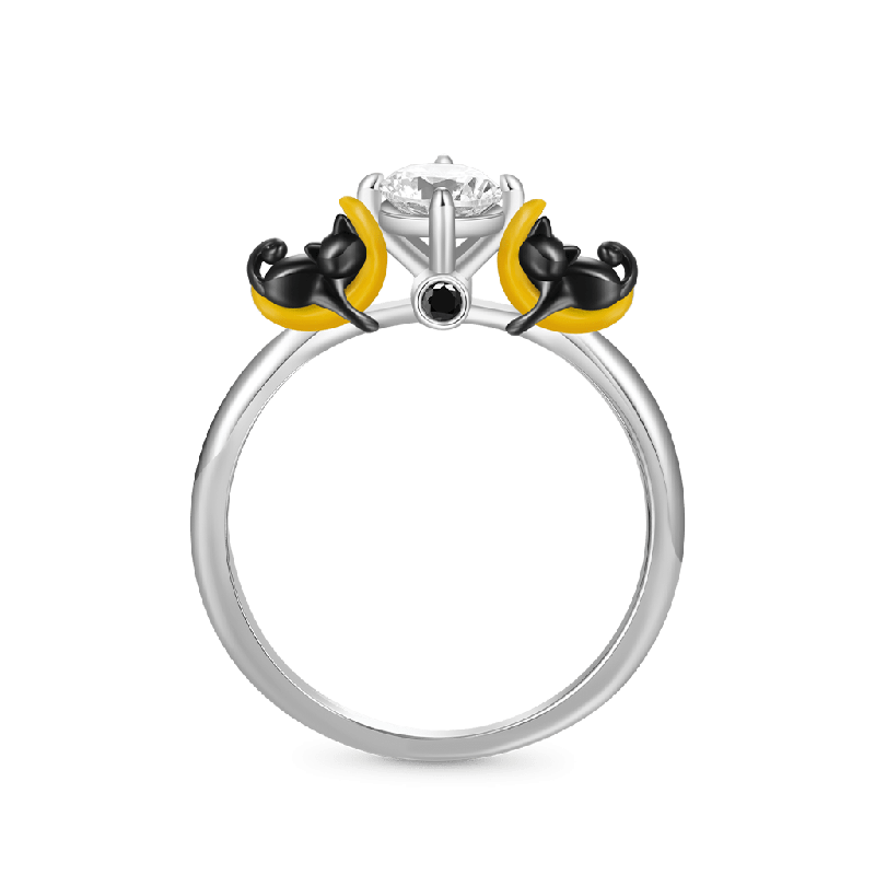 Black Cat Moon White Diamond Ring