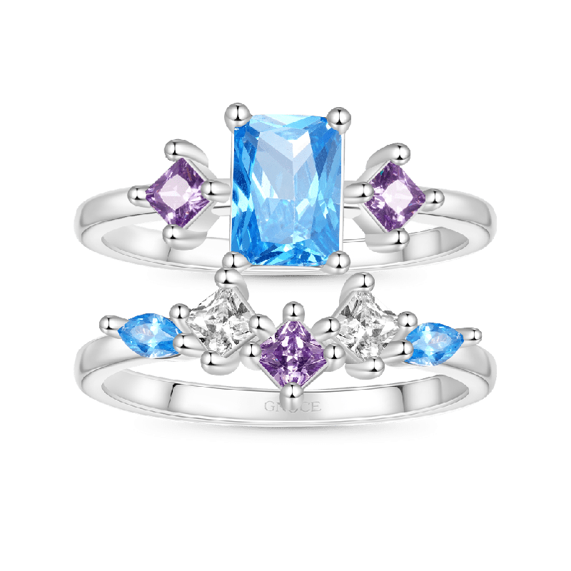 Rectangular-cut Aquamarine Ring Set