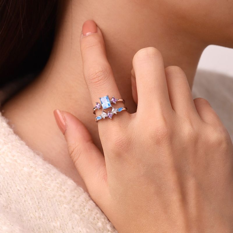 Rectangular-cut Aquamarine Ring Set