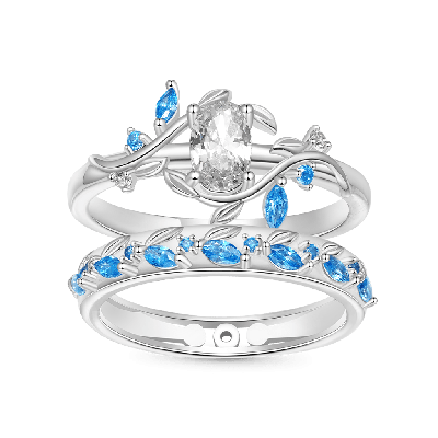 Oval-cut Diamond Vine Leaf Couple Rings