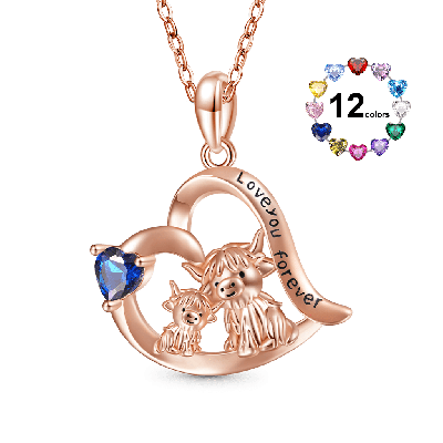 Highland Cow Heart Birthstone Necklace