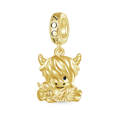 Gold Highland Cow Mother and Child Pendant