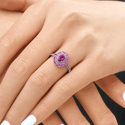 Oval Fuchsia Double Halo Ring