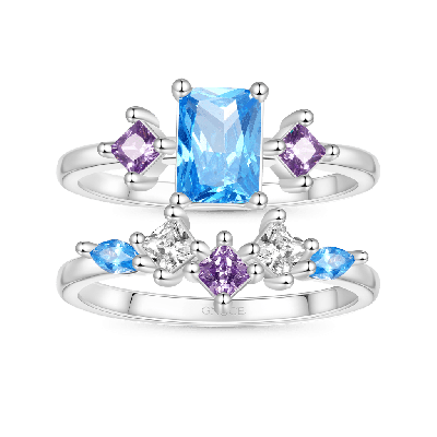 Rectangular-cut Aquamarine Ring Set