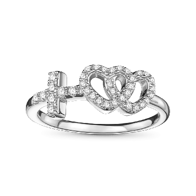 Double Heart with Cross Ring
