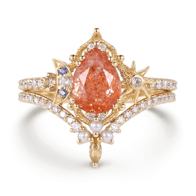 Pear-Cut Sun Moon Ring Set
