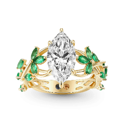 Marquise-cut Emerald Leaf Ring